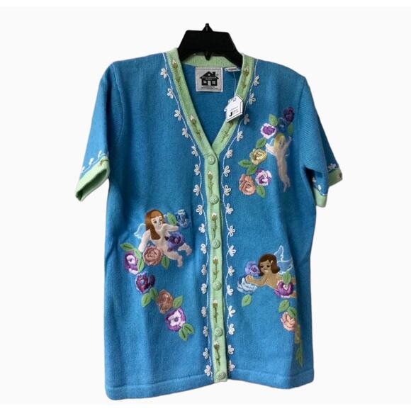 Storybook Knits Cherub Garland Embroidered Cardigan Sweater Blue Short Sleeve 1X - Picture 9 of 9